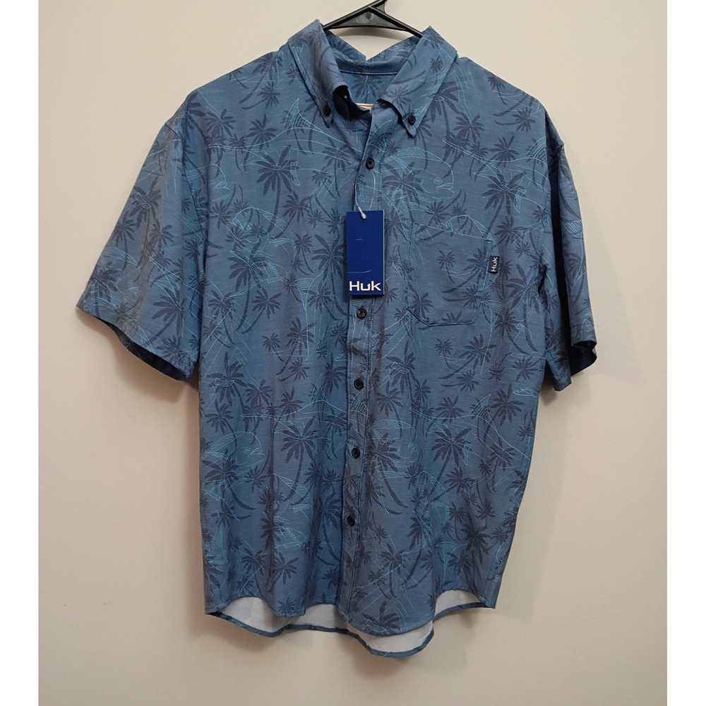 Huk Fishing Kona Palm Slam Mens Small Blue Short Sleeve Button Down H1500140